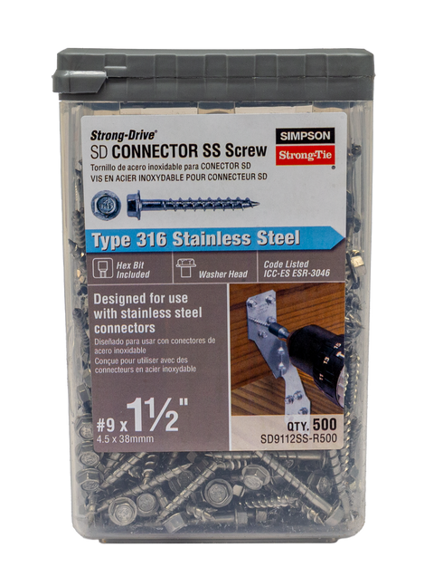 SStrong-Drive® SD CONNECTOR SS Screw — #9 x 1-1/2 in. 1/4-Hex Drive, Type 316 (500-Qty)
