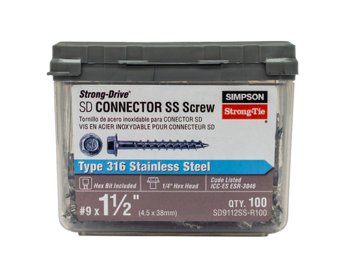 Strong-Drive® SD CONNECTOR SS Screw — #9 x 1-1/2 in. 1/4-Hex Drive, Type 316 (100-Qty) (Pack of 10)