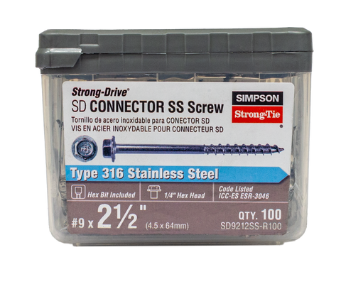 Strong-Drive® SD CONNECTOR SS Screw — #9 x 2-1/2 in. 1/4-Hex Drive, Type 316 (100-Qty) (Pack of 6)