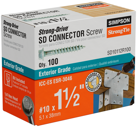 Strong-Drive® SD CONNECTOR Screw — #10 x 1-1/2 in. 1/4-Hex Drive, Mech. Galv. (100-Qty)